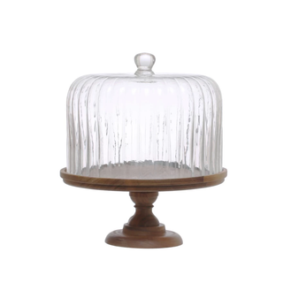 Acacia Wood Pedestal W/Fluted Glass Cloche