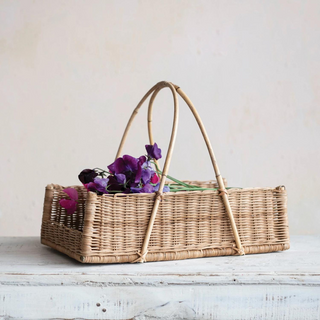 Hand-Woven Rattan Basket w/ Handle, Natural