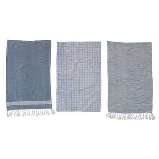 Cotton Blend Hamman Style Tea Towels, Blue & White, 3 Styles, Set of 3
